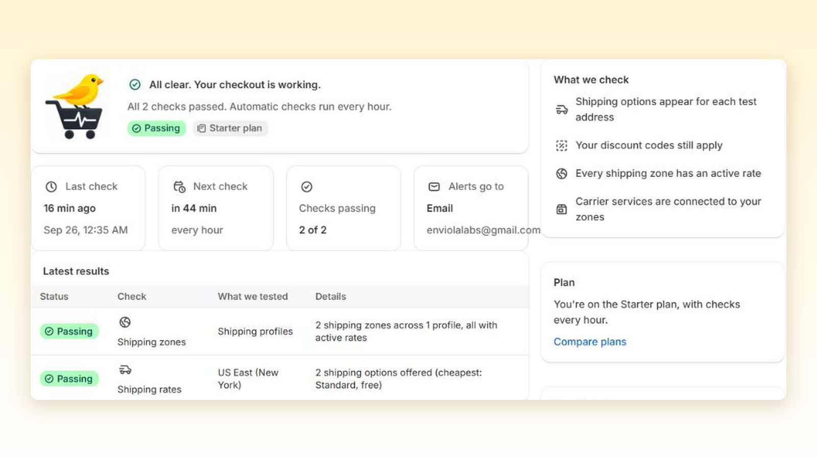 Checkout Canary dashboard with all checks passing